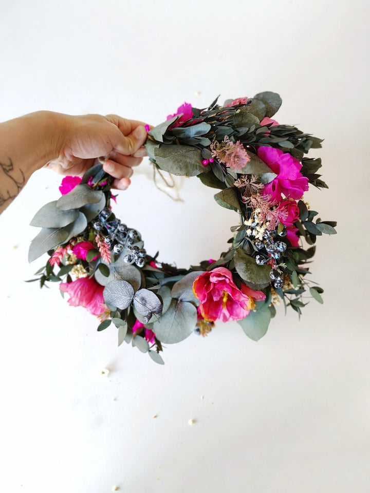 Magenta Flower Crown: Boho Wedding Hair Wreath with Blueberries – handmade floral hair accessory by magaela
