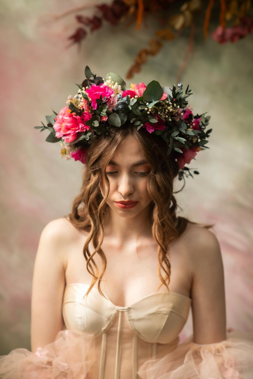Magenta Flower Crown: Boho Wedding Hair Wreath with Blueberries – handmade floral hair accessory by magaela