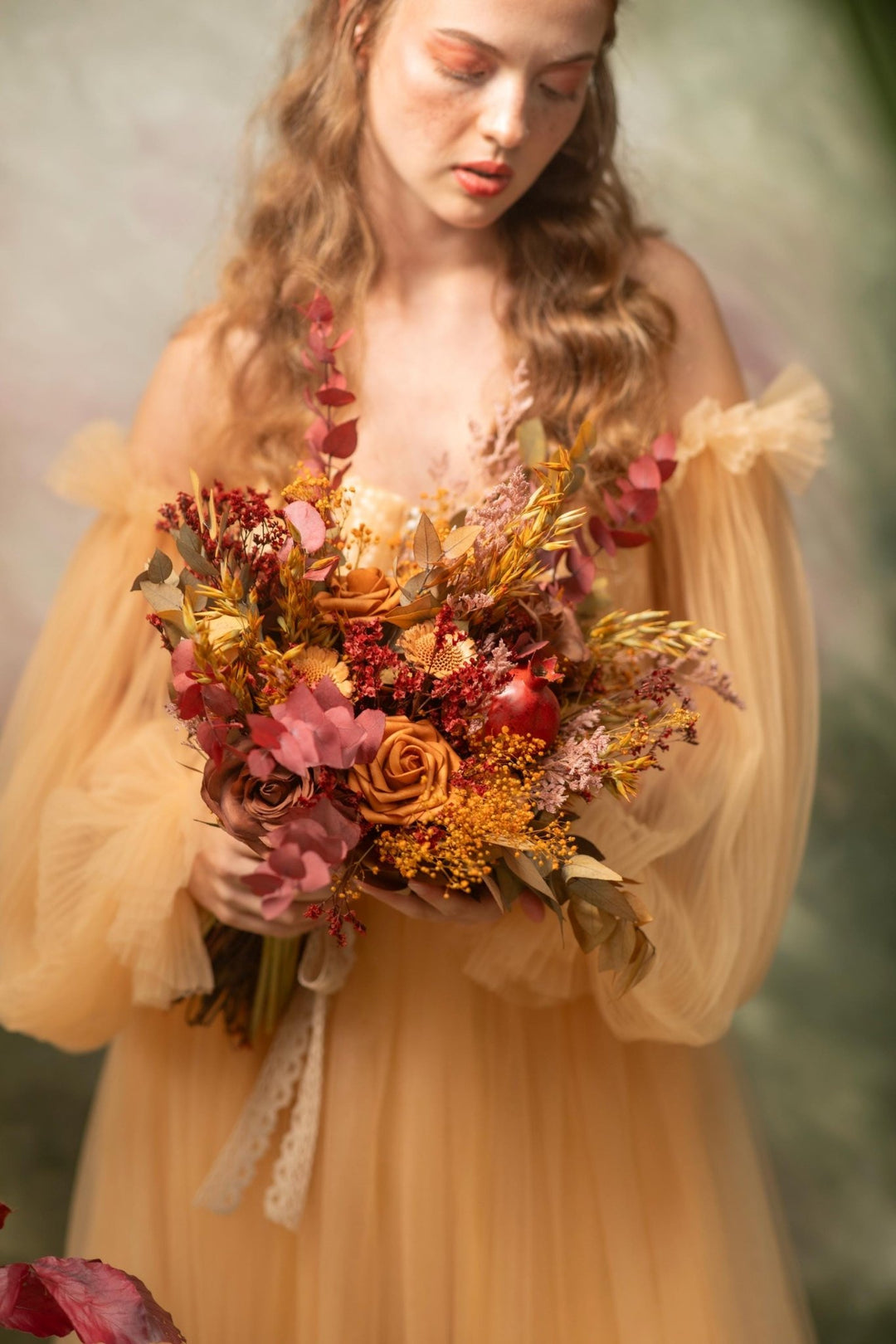 Autumn Bridal Bouquet: Orange, Yellow, Burgundy Wedding Flowers – handmade floral hair accessory by magaela