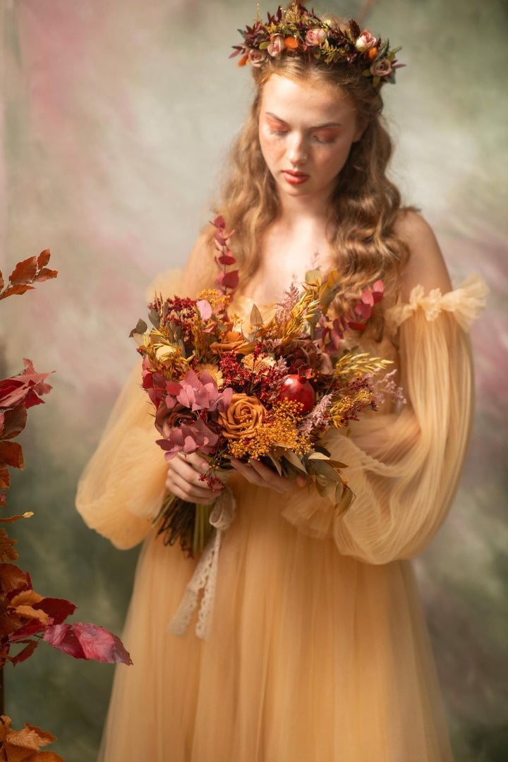 Autumn Bridal Bouquet: Orange, Yellow, Burgundy Wedding Flowers – handmade floral hair accessory by magaela