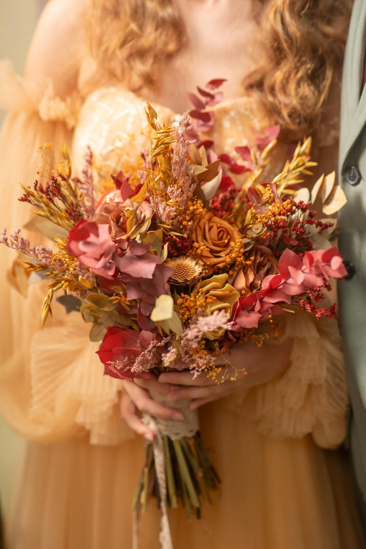 Autumn Bridal Bouquet: Orange, Yellow, Burgundy Wedding Flowers – handmade floral hair accessory by magaela