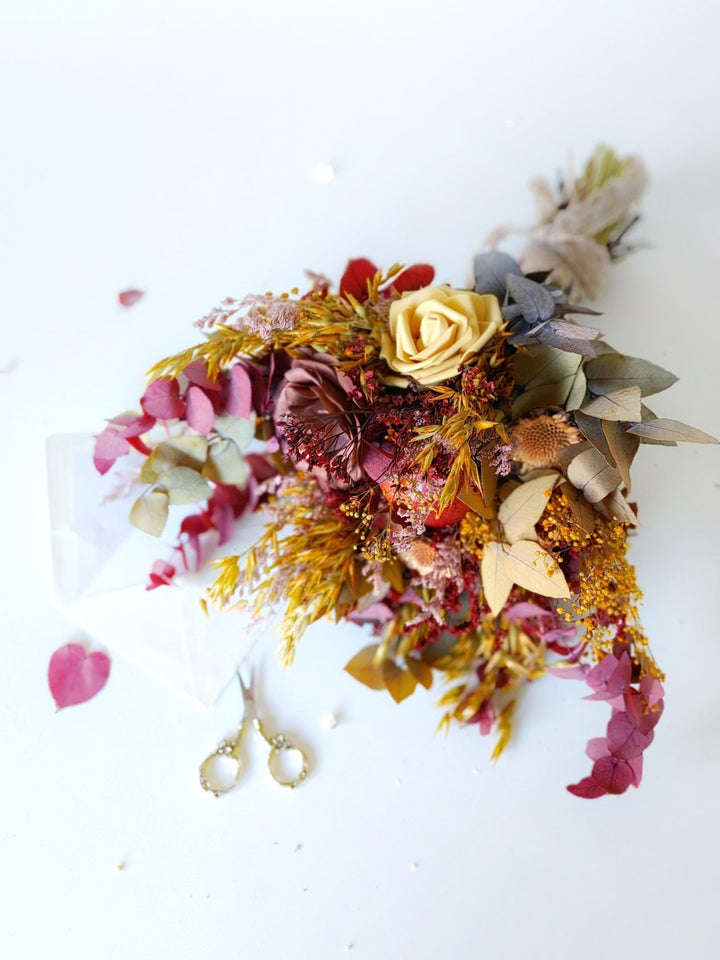 Autumn Bridal Bouquet: Orange, Yellow, Burgundy Wedding Flowers – handmade floral hair accessory by magaela