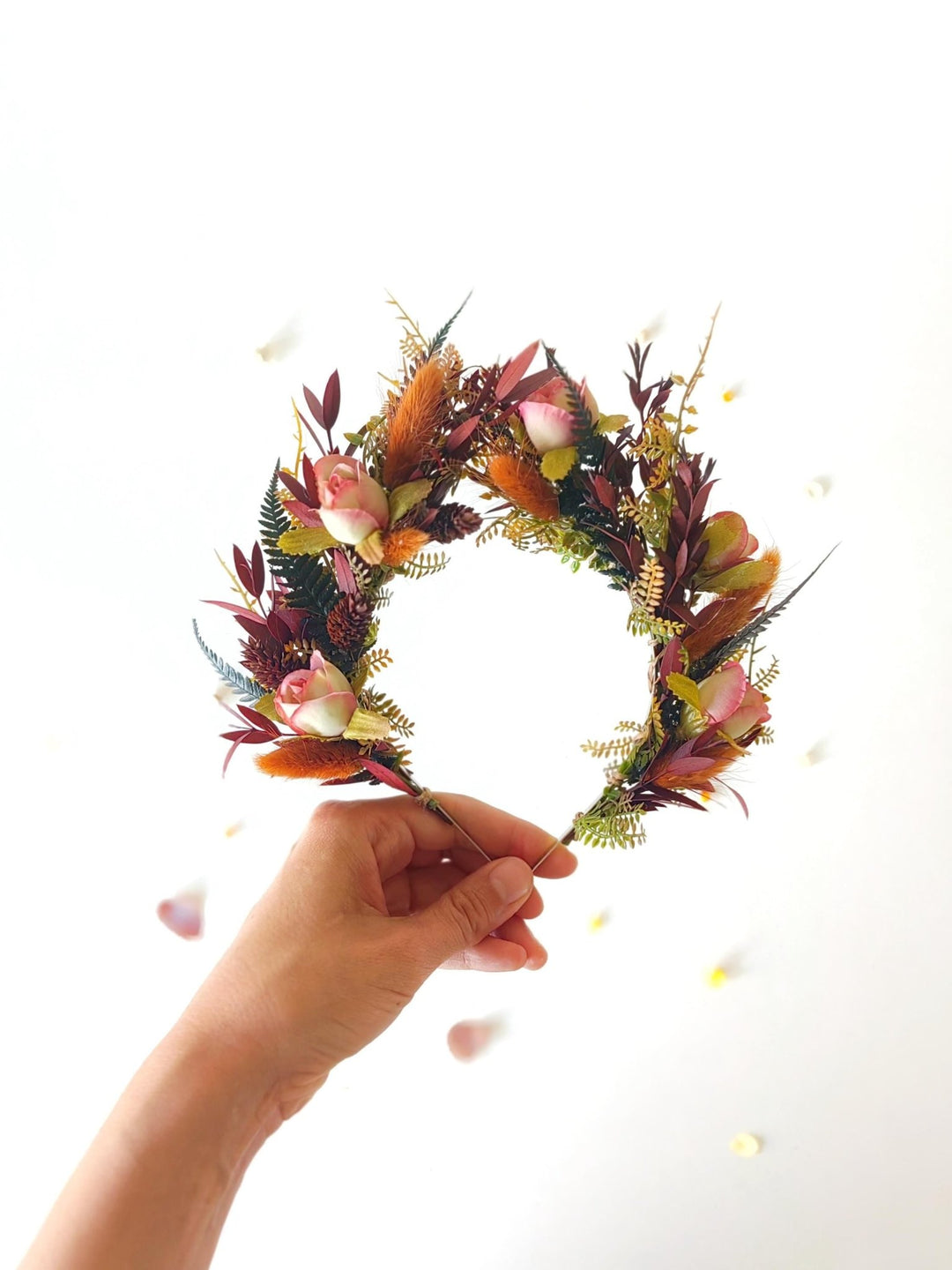 Autumn Terracotta Flower Crown: Rose Bud Bridal Headband – handmade floral hair accessory by magaela