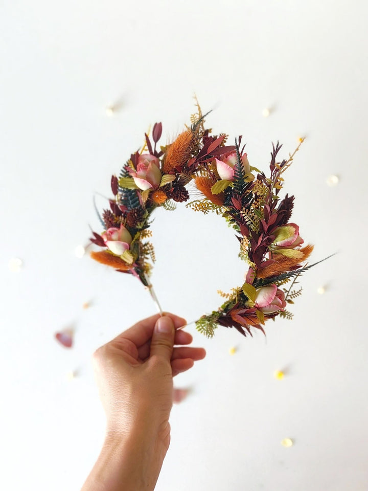 Autumn Terracotta Flower Crown: Rose Bud Bridal Headband – handmade floral hair accessory by magaela