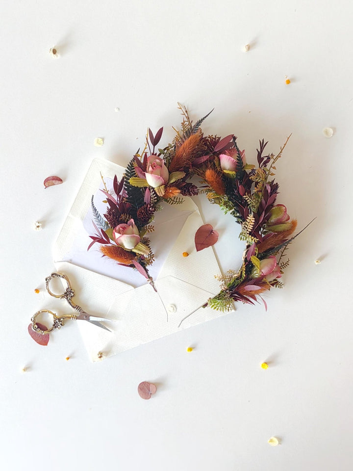 Autumn Terracotta Flower Crown: Rose Bud Bridal Headband – handmade floral hair accessory by magaela