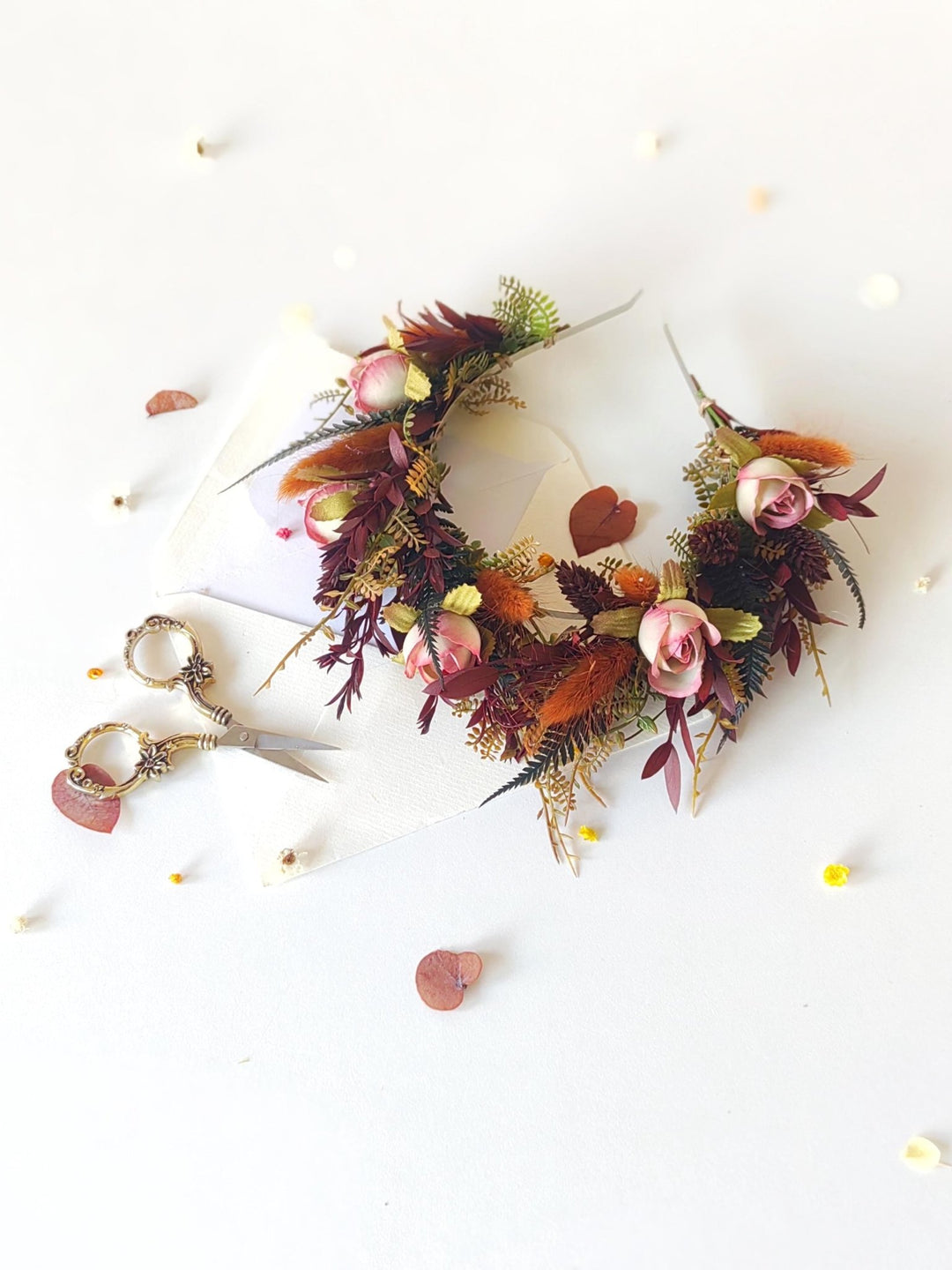 Autumn Terracotta Flower Crown: Rose Bud Bridal Headband – handmade floral hair accessory by magaela