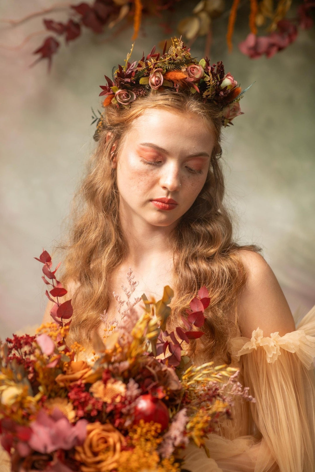 Autumn Terracotta Flower Crown: Rose Bud Bridal Headband – handmade floral hair accessory by magaela