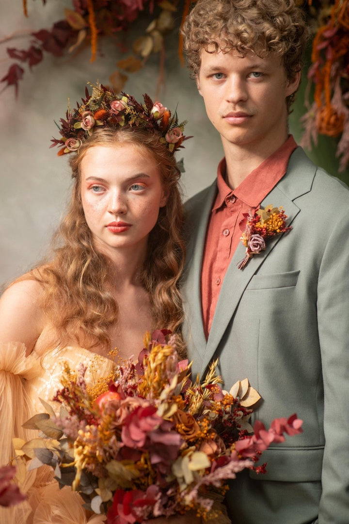 Autumn Terracotta Flower Crown: Rose Bud Bridal Headband – handmade floral hair accessory by magaela