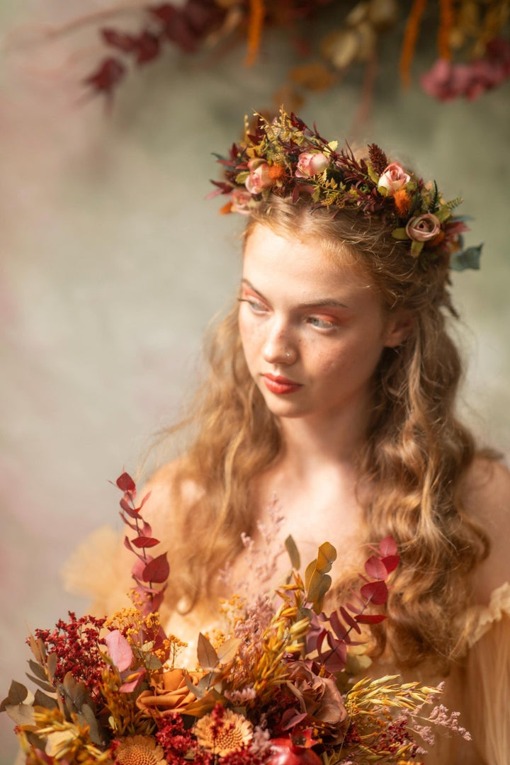 Autumn Terracotta Flower Crown: Rose Bud Bridal Headband – handmade floral hair accessory by magaela