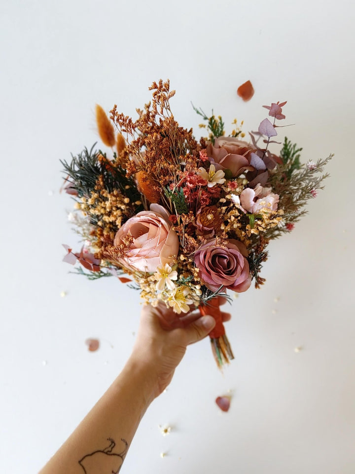 Terracotta Autumn Bridal Bouquet: Artificial Flowers, Woodland Wedding – handmade floral hair accessory by magaela