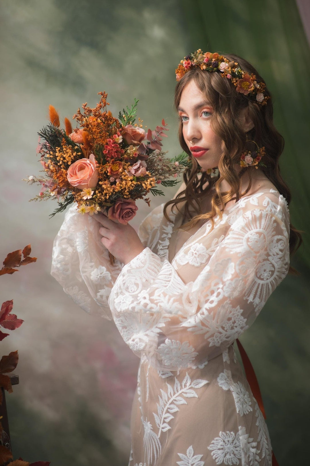 Terracotta Autumn Bridal Bouquet: Artificial Flowers, Woodland Wedding – handmade floral hair accessory by magaela