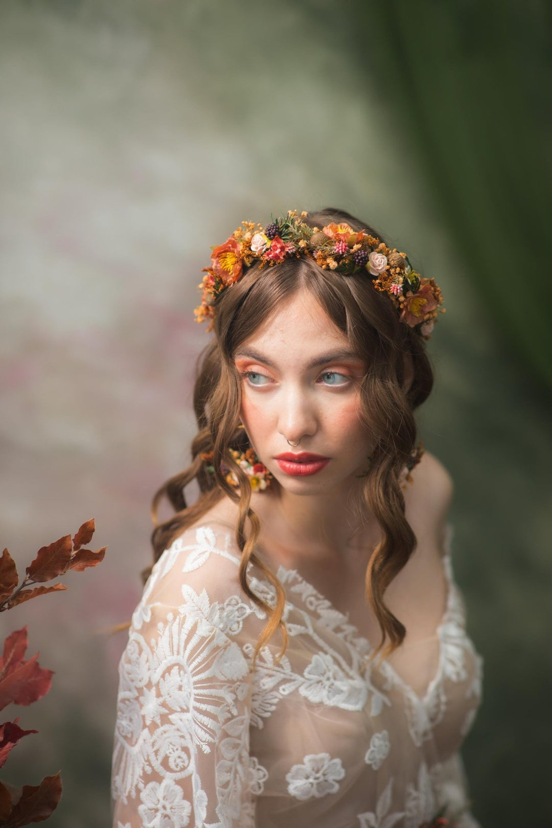 Autumn Flower Crown: Terracotta Floral Half Wreath, Blackberry Wedding Headpiece – handmade floral hair accessory by magaela