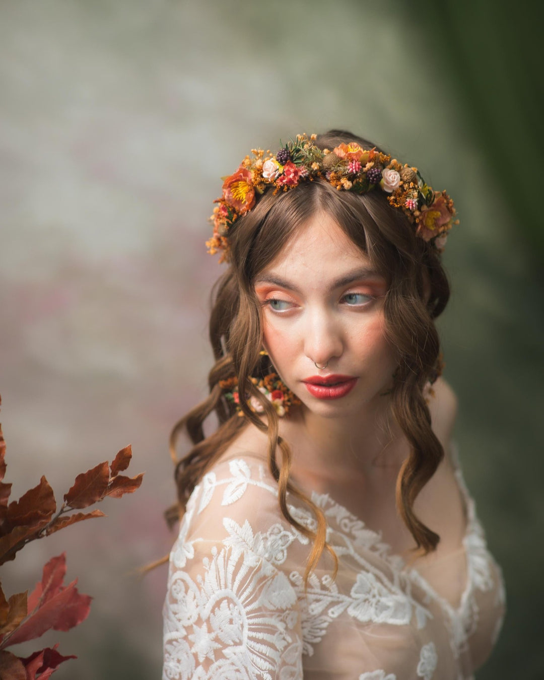 Autumn Flower Crown: Terracotta Floral Half Wreath, Blackberry Wedding Headpiece – handmade floral hair accessory by magaela