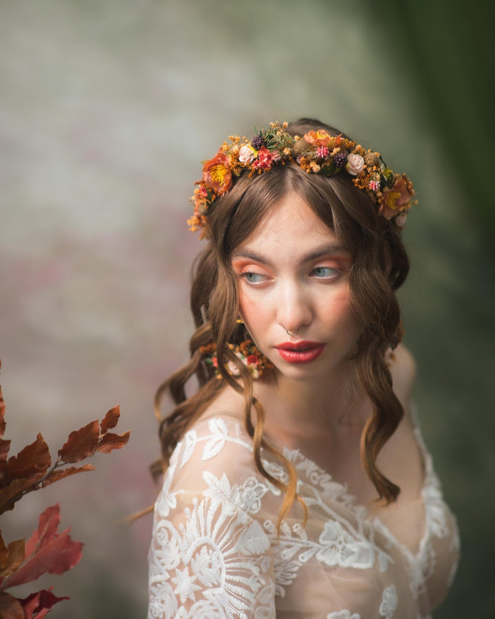 Autumn Flower Crown: Terracotta Floral Half Wreath, Blackberry Wedding Headpiece – handmade floral hair accessory by magaela