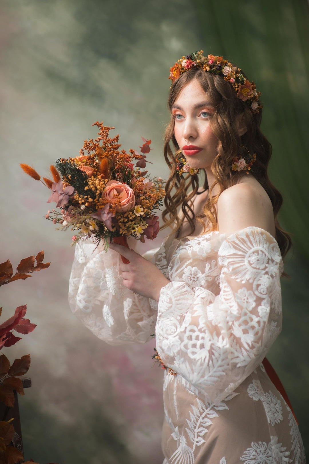 Autumn Flower Crown: Terracotta Floral Half Wreath, Blackberry Wedding Headpiece – handmade floral hair accessory by magaela