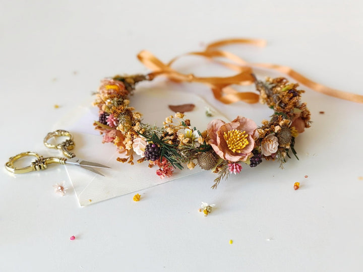 Autumn Flower Crown: Terracotta Floral Half Wreath, Blackberry Wedding Headpiece – handmade floral hair accessory by magaela