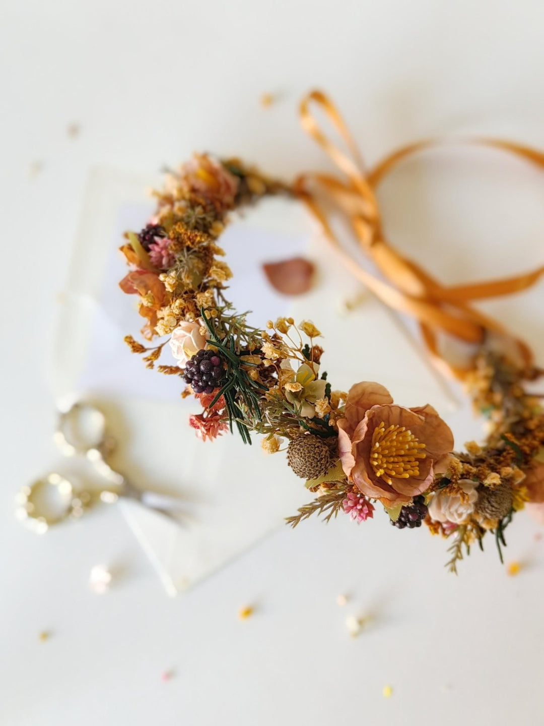 Autumn Flower Crown: Terracotta Floral Half Wreath, Blackberry Wedding Headpiece – handmade floral hair accessory by magaela