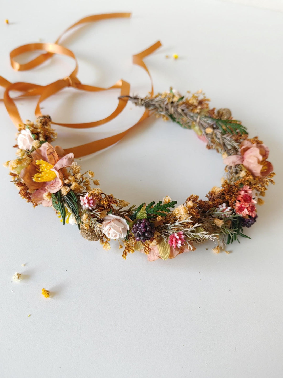 Autumn Flower Crown: Terracotta Floral Half Wreath, Blackberry Wedding Headpiece – handmade floral hair accessory by magaela