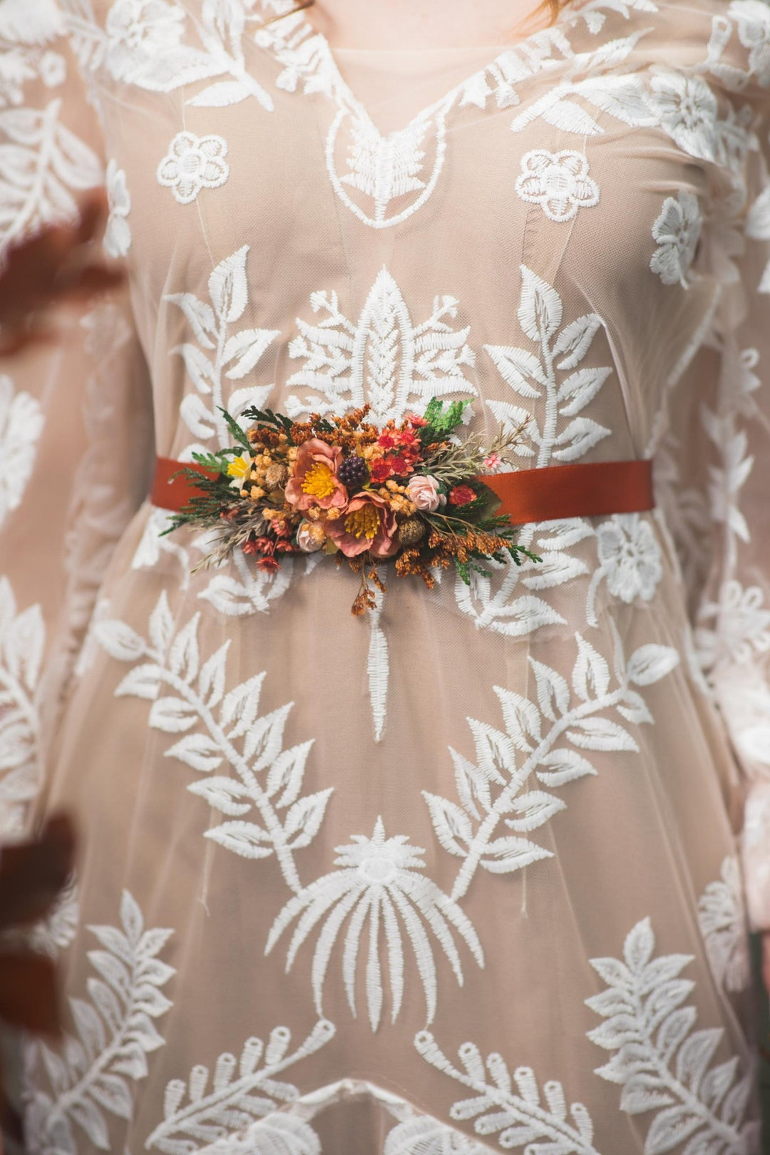 Terracotta Flower Wedding Belt: Burnt Orange Autumn Bridal Belt – handmade floral hair accessory by magaela