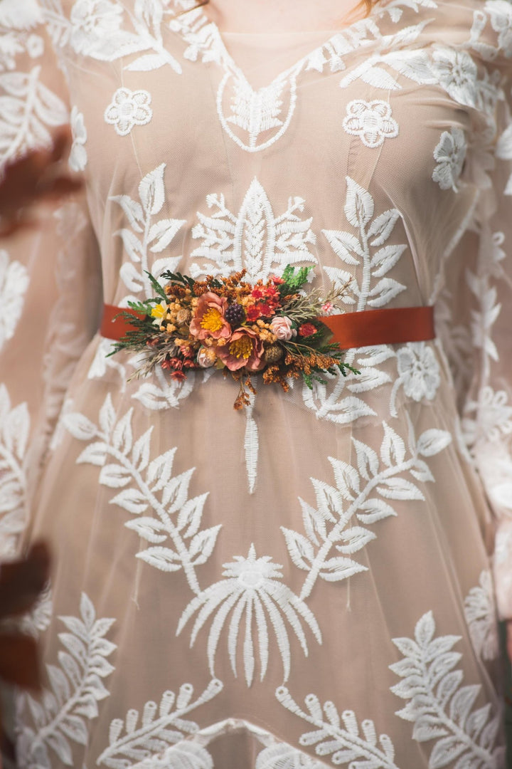 Terracotta Flower Wedding Belt: Burnt Orange Autumn Bridal Belt – handmade floral hair accessory by magaela