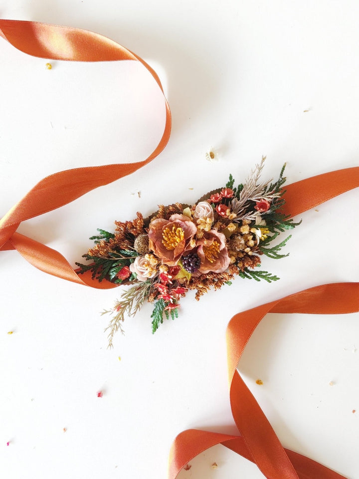 Terracotta Flower Wedding Belt: Burnt Orange Autumn Bridal Belt – handmade floral hair accessory by magaela
