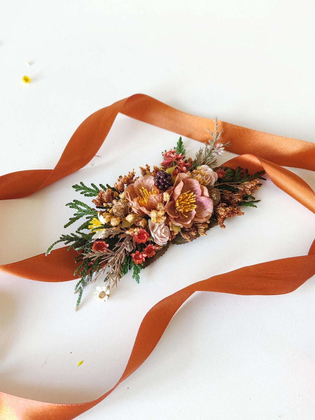 Terracotta Flower Wedding Belt: Burnt Orange Autumn Bridal Belt – handmade floral hair accessory by magaela