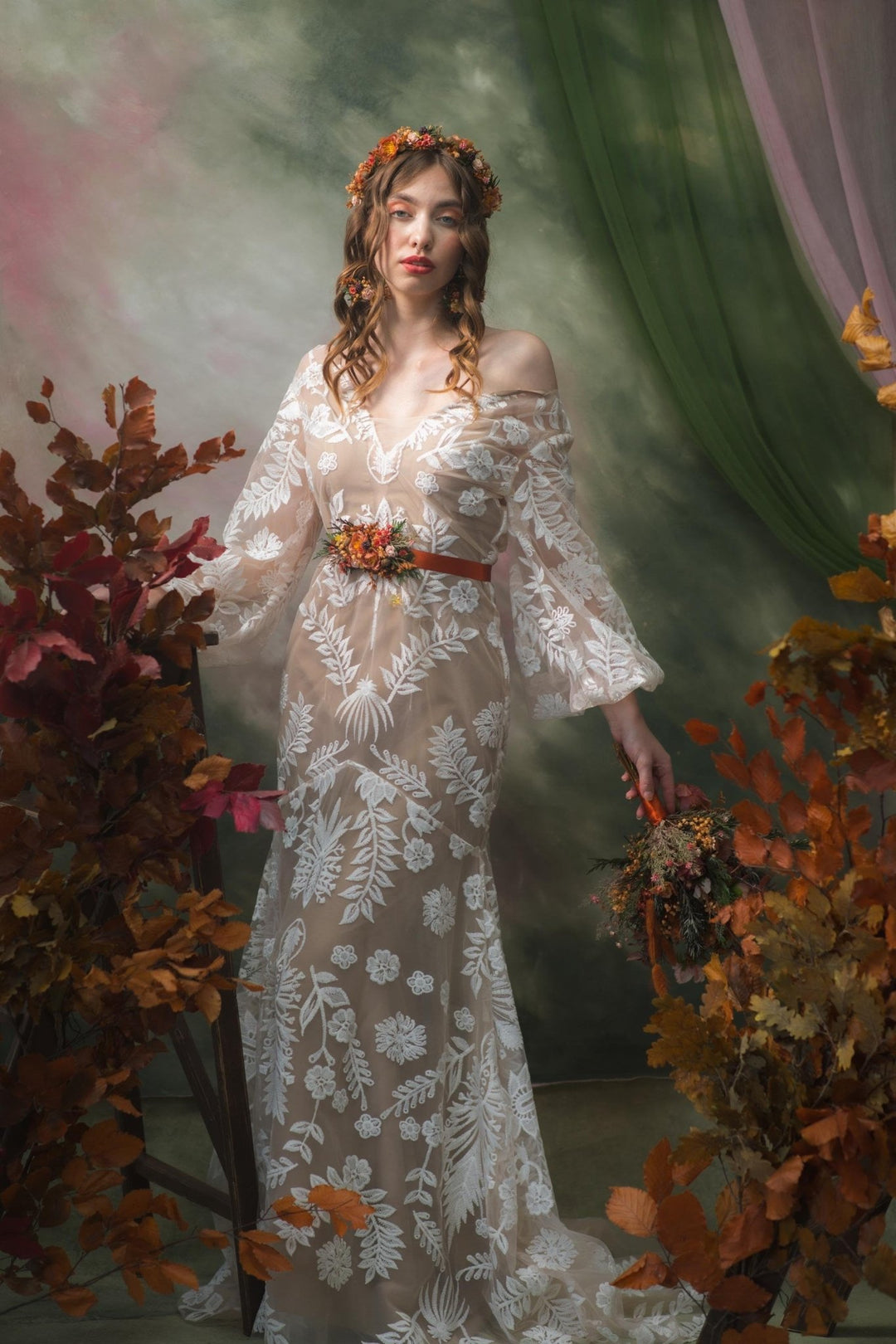 Terracotta Flower Wedding Belt: Burnt Orange Autumn Bridal Belt – handmade floral hair accessory by magaela