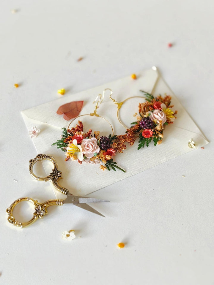 Autumn Flower Circle Earrings: Woodland Wedding Jewelry – handmade floral hair accessory by magaela