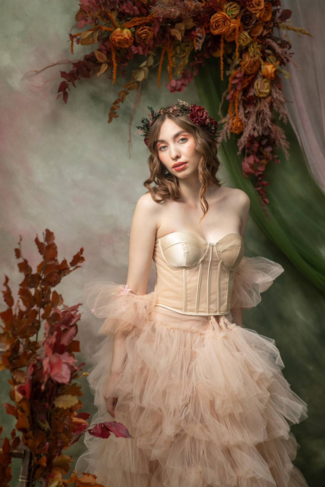 Burgundy Flower Wreath: Woodland Feather Crown with Golden Leaves – handmade floral hair accessory by magaela