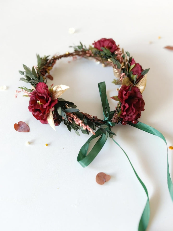 Burgundy Flower Wreath: Woodland Feather Crown with Golden Leaves – handmade floral hair accessory by magaela