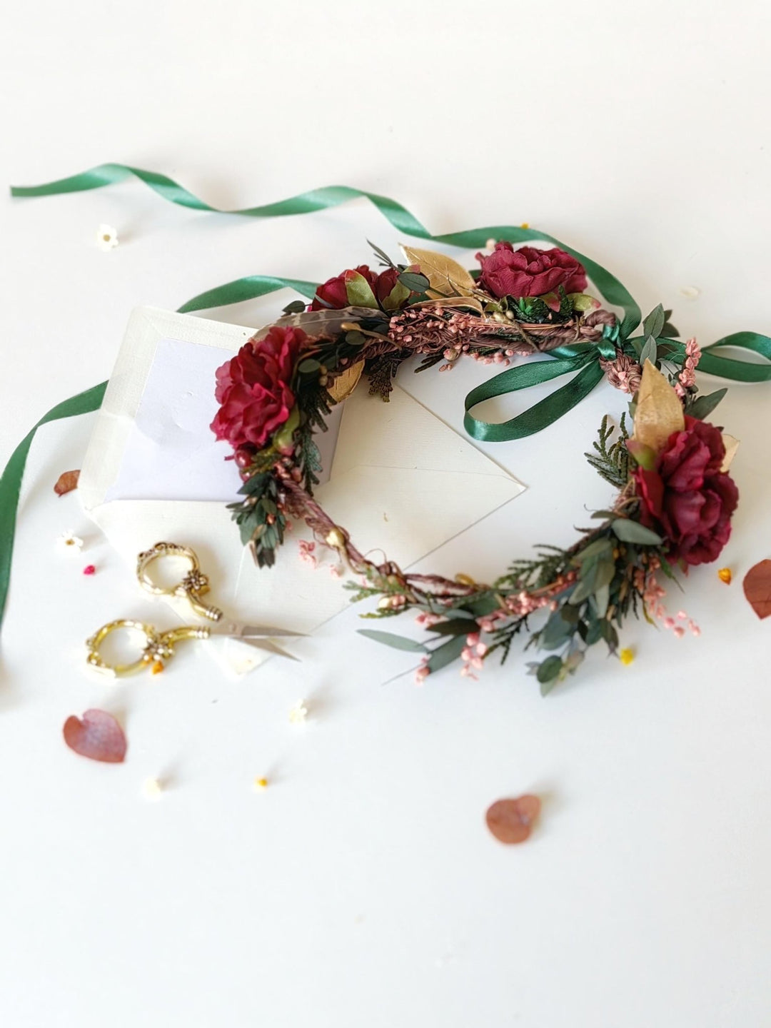 Burgundy Flower Wreath: Woodland Feather Crown with Golden Leaves – handmade floral hair accessory by magaela
