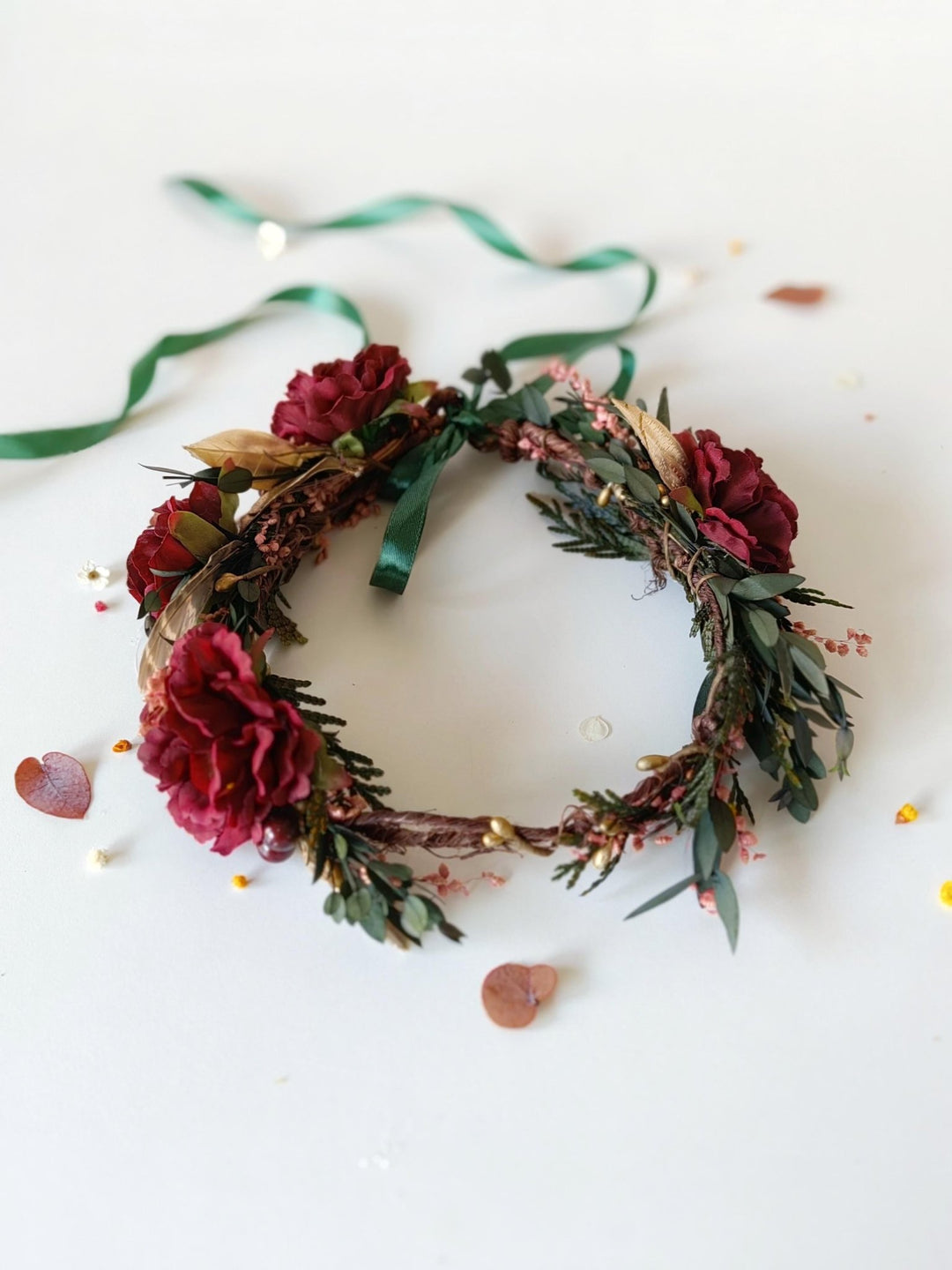 Burgundy Flower Wreath: Woodland Feather Crown with Golden Leaves – handmade floral hair accessory by magaela