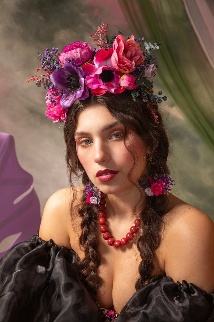 Magenta flower headband: Frida headpiece – handmade floral hair accessory by magaela