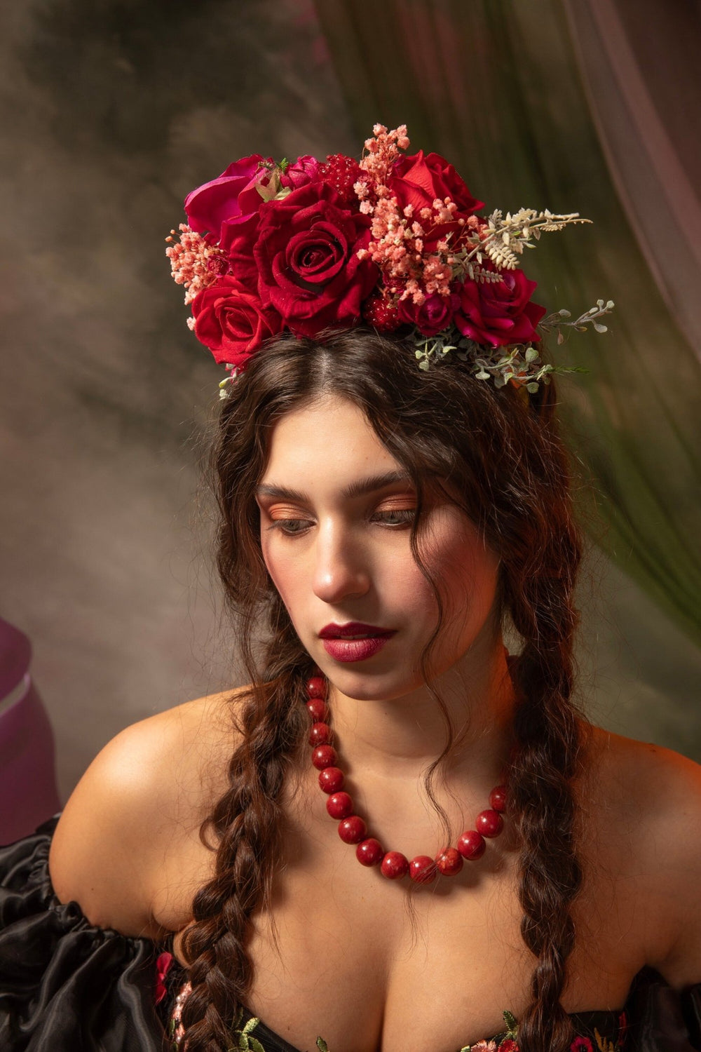 Red & Fuchsia Rose Flower Headband: Frida Inspired Bridal Headpiece – handmade floral hair accessory by magaela