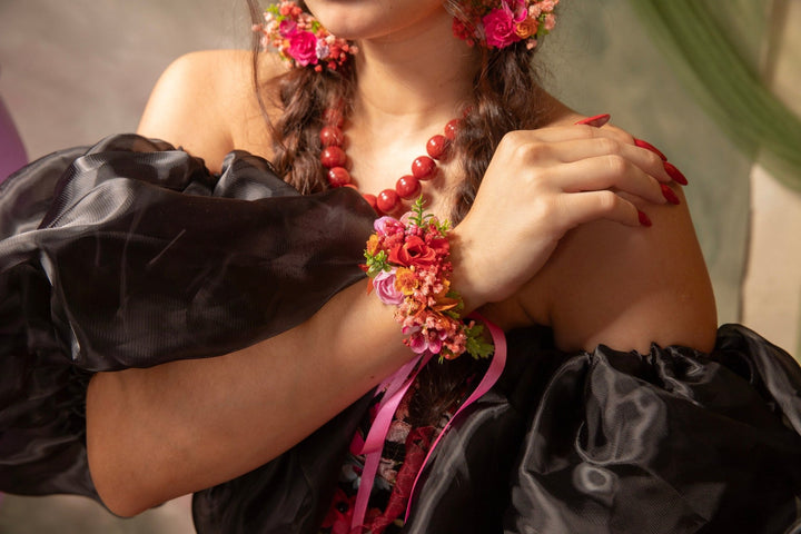 Magenta Flower Bracelet: Boho Wedding Wrist Corsage – handmade floral hair accessory by magaela