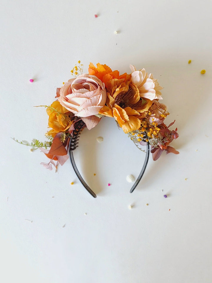 Autumn flower headband: Frida ochre hair crown – handmade floral hair accessory by magaela