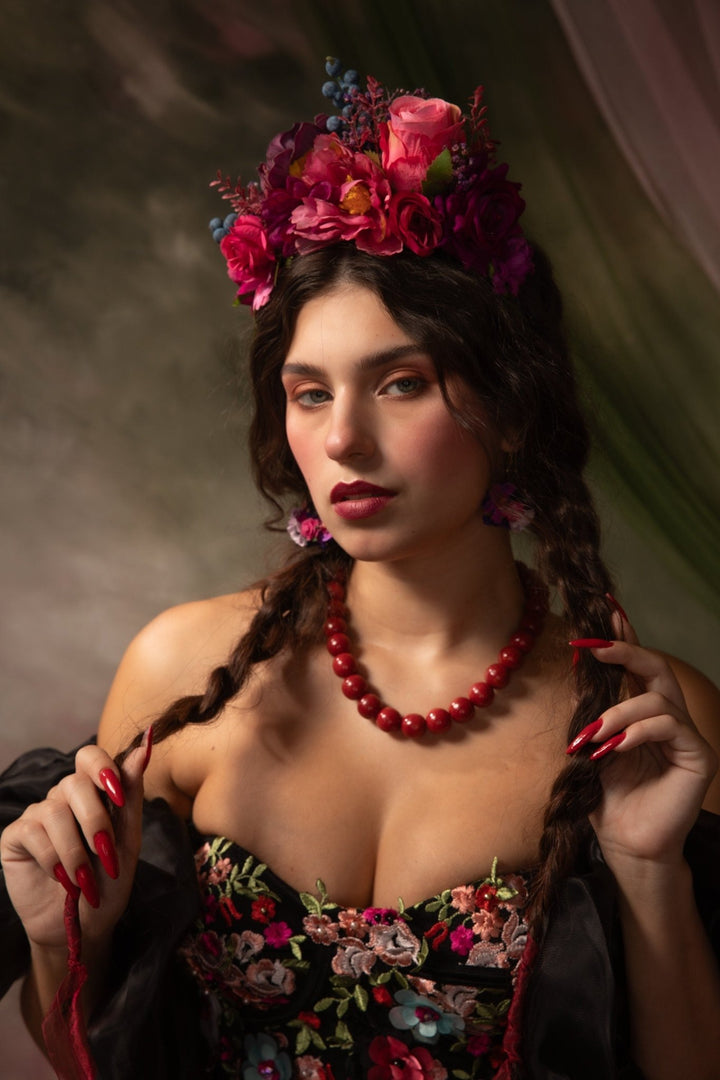 Magenta & Violet Frida Flower Headband: Boho Wedding Crown – handmade floral hair accessory by magaela