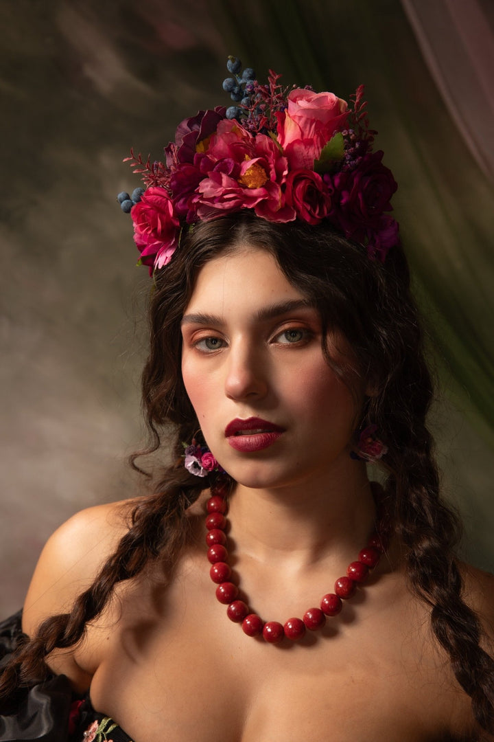 Magenta & Violet Frida Flower Headband: Boho Wedding Crown – handmade floral hair accessory by magaela