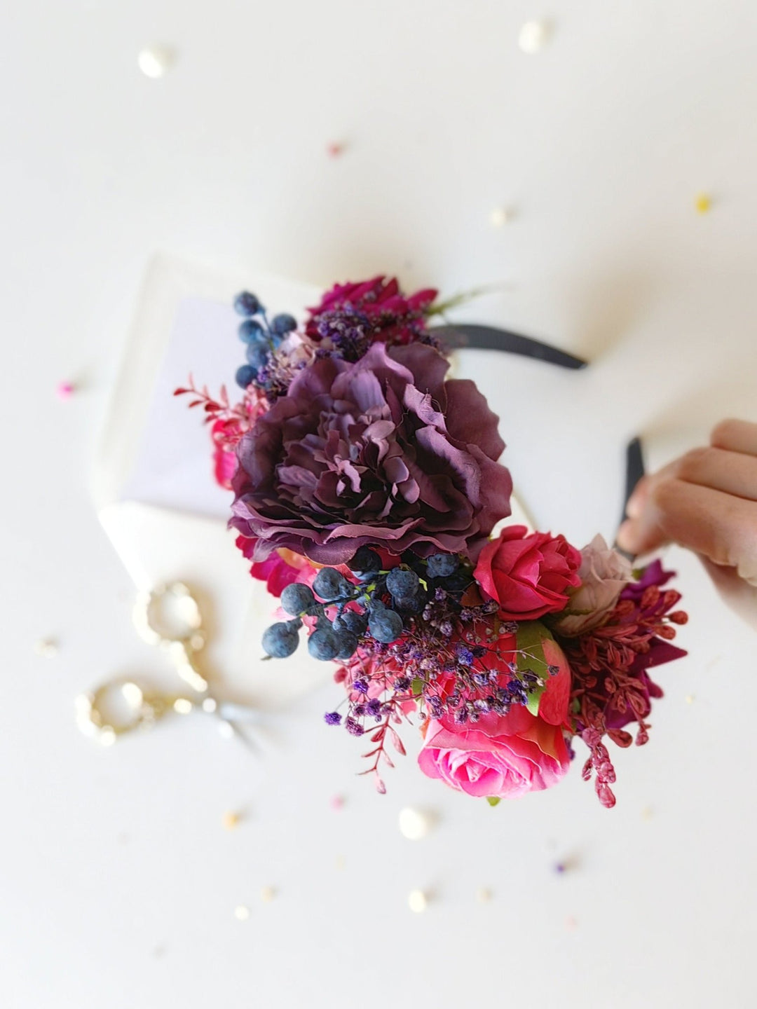 Magenta & Violet Frida Flower Headband: Boho Wedding Crown – handmade floral hair accessory by magaela