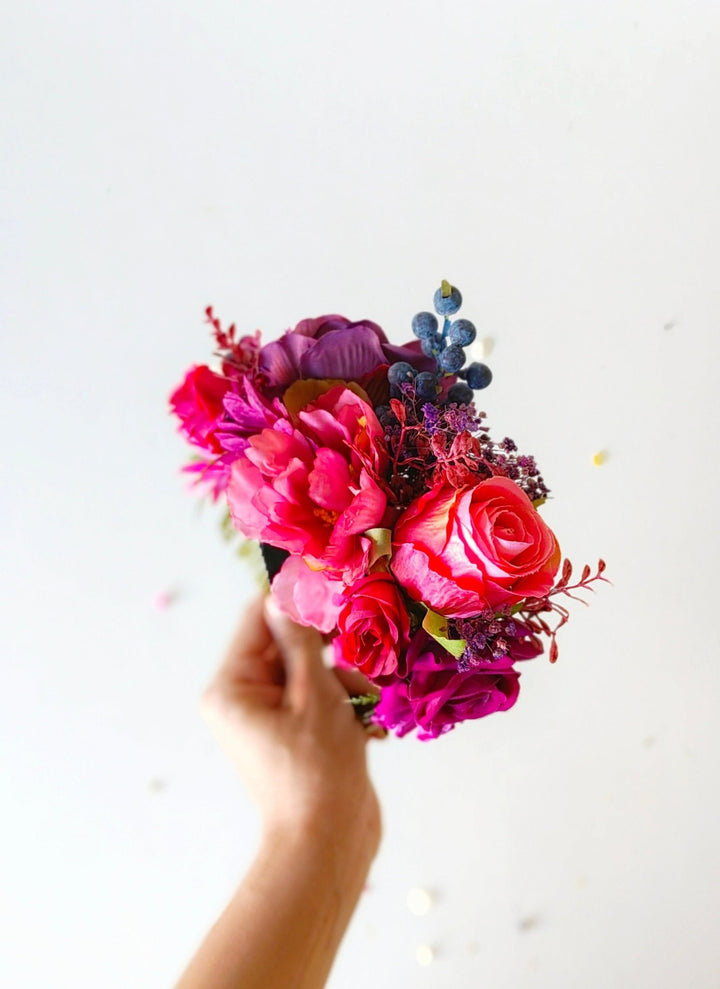 Magenta & Violet Frida Flower Headband: Boho Wedding Crown – handmade floral hair accessory by magaela