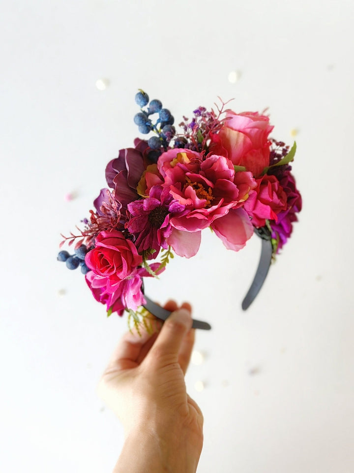 Magenta & Violet Frida Flower Headband: Boho Wedding Crown – handmade floral hair accessory by magaela