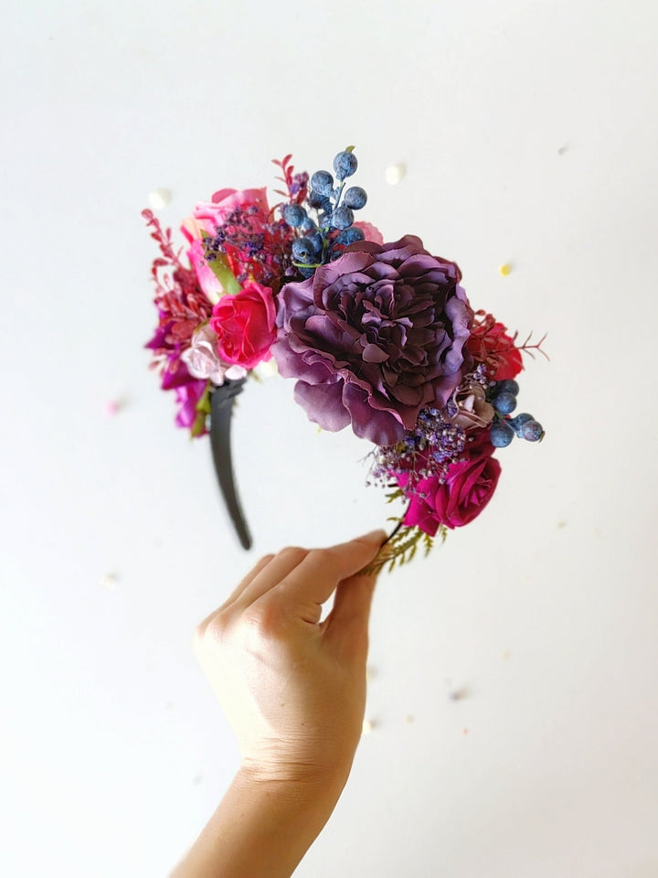 Magenta & Violet Frida Flower Headband: Boho Wedding Crown – handmade floral hair accessory by magaela