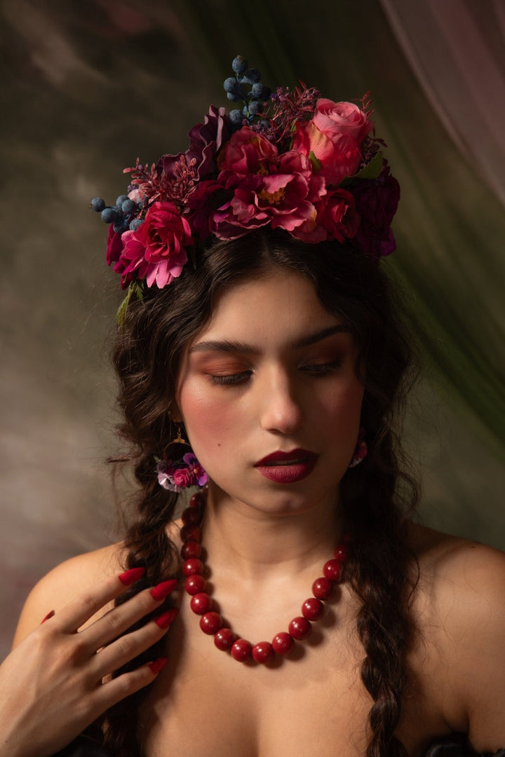 Magenta & Violet Frida Flower Headband: Boho Wedding Crown – handmade floral hair accessory by magaela