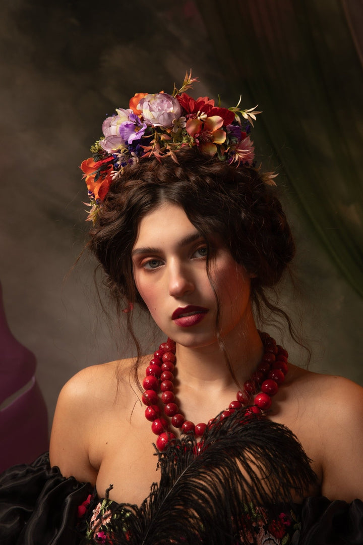 Red Purple Flower Headband: Frida Inspired Bridal Crown – handmade floral hair accessory by magaela