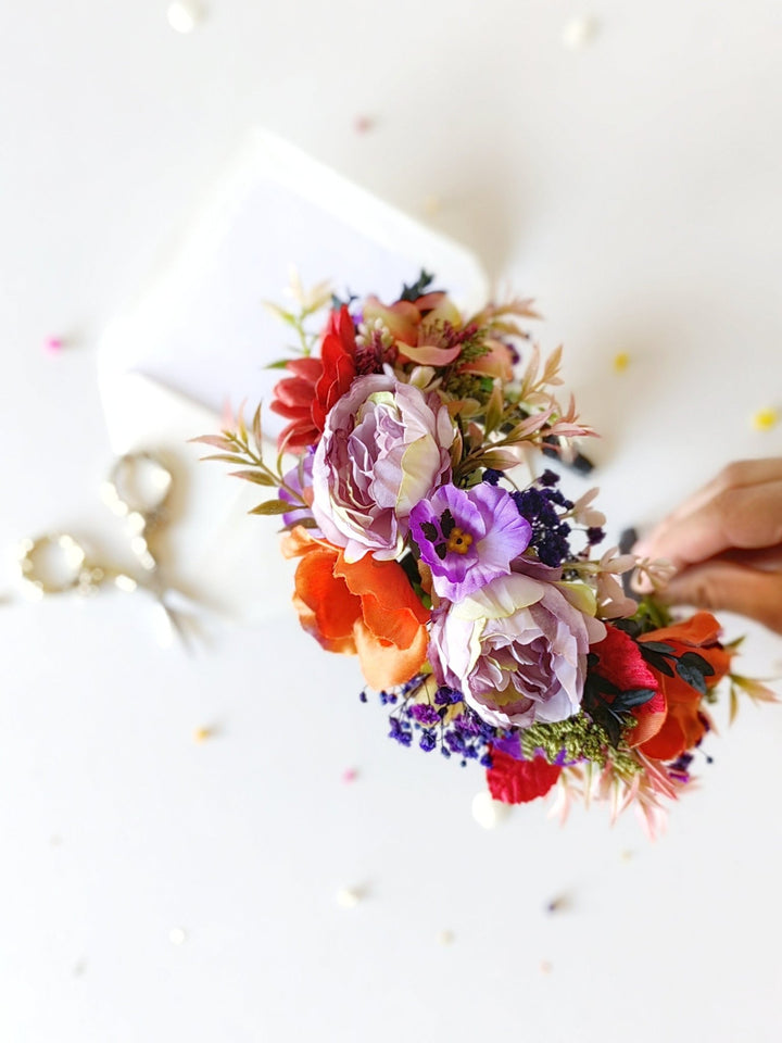 Red Purple Flower Headband: Frida Inspired Bridal Crown – handmade floral hair accessory by magaela