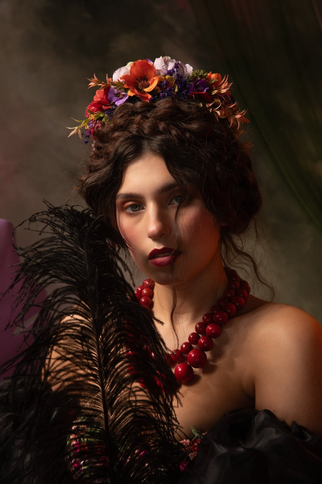 Red Purple Flower Headband: Frida Inspired Bridal Crown – handmade floral hair accessory by magaela