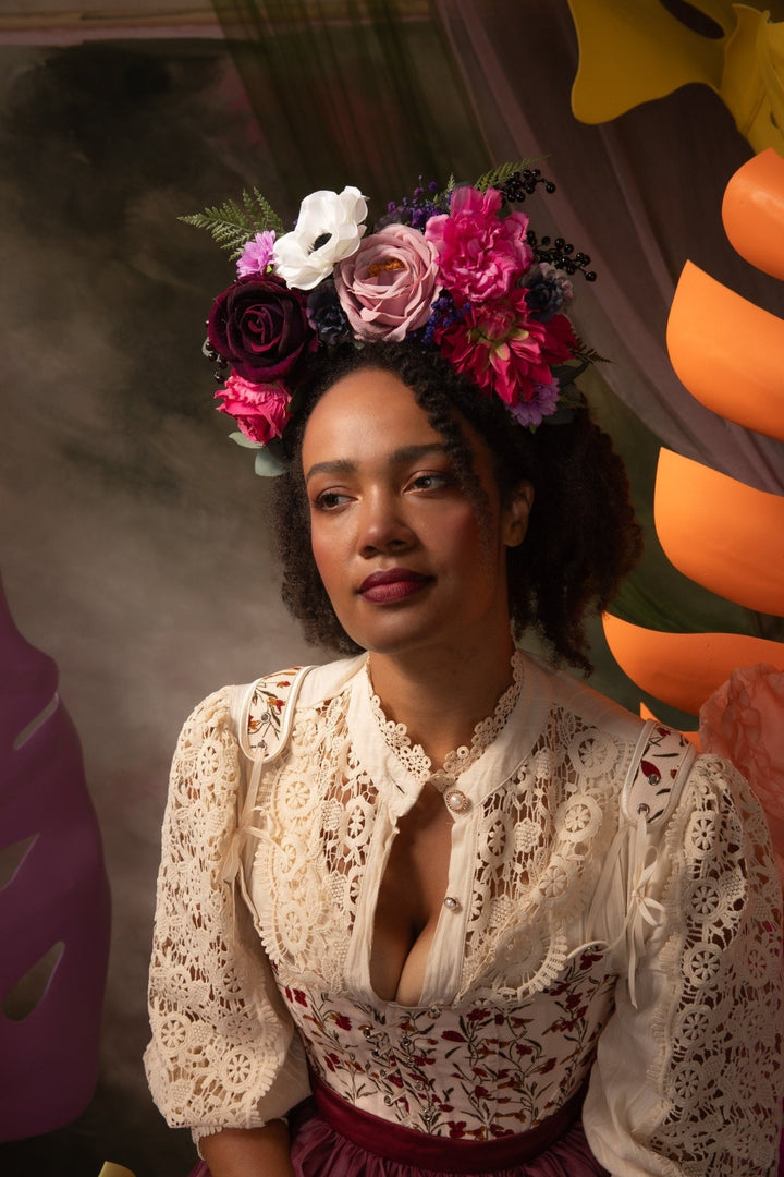 Magenta Frida Flower Headband: Colorful Garden Wedding Crown – handmade floral hair accessory by magaela