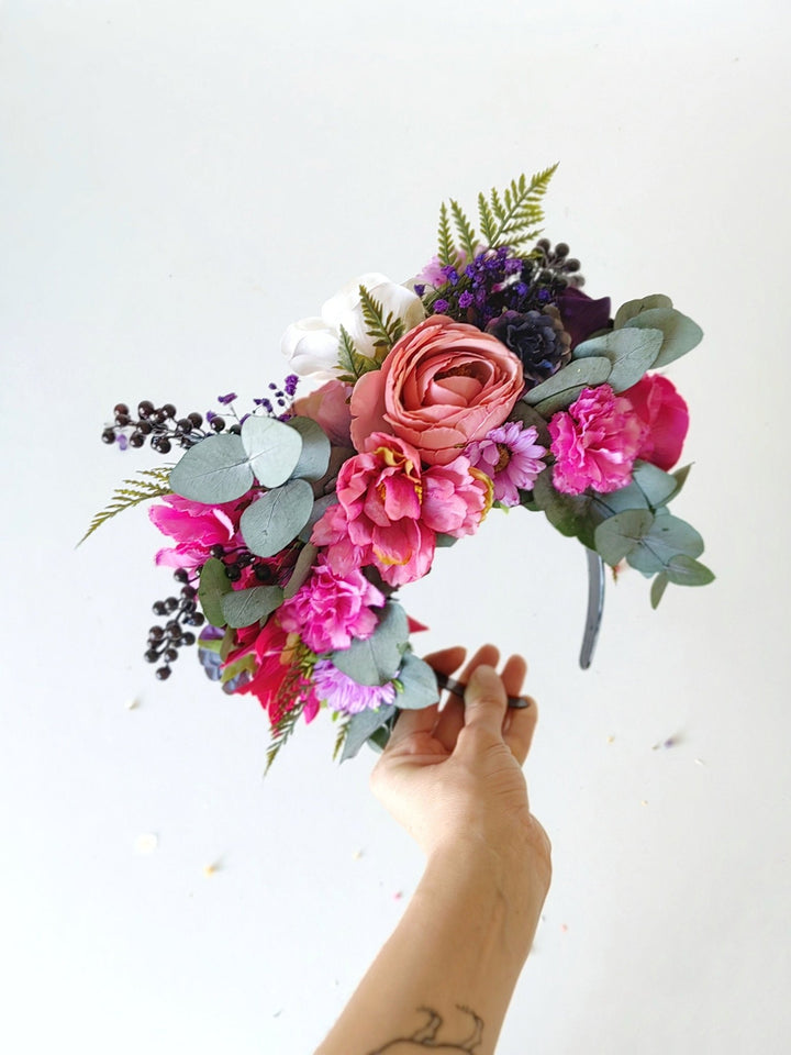Magenta Frida Flower Headband: Colorful Garden Wedding Crown – handmade floral hair accessory by magaela