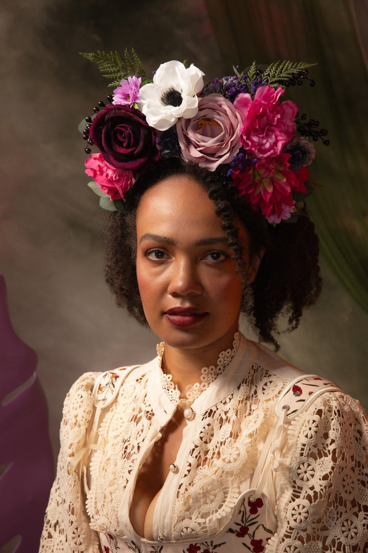 Magenta Frida Flower Headband: Colorful Garden Wedding Crown – handmade floral hair accessory by magaela