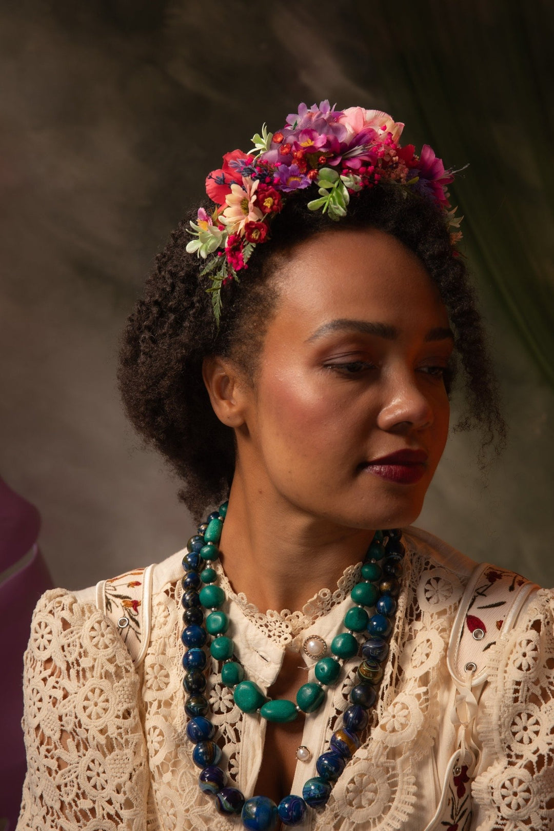 Pink & Purple Frida Flower Headband: Romantic Boho Wedding Crown – handmade floral hair accessory by magaela